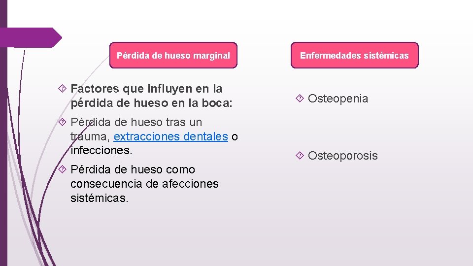 Pérdida de hueso marginal Enfermedades sistémicas Factores que influyen en la pérdida de hueso