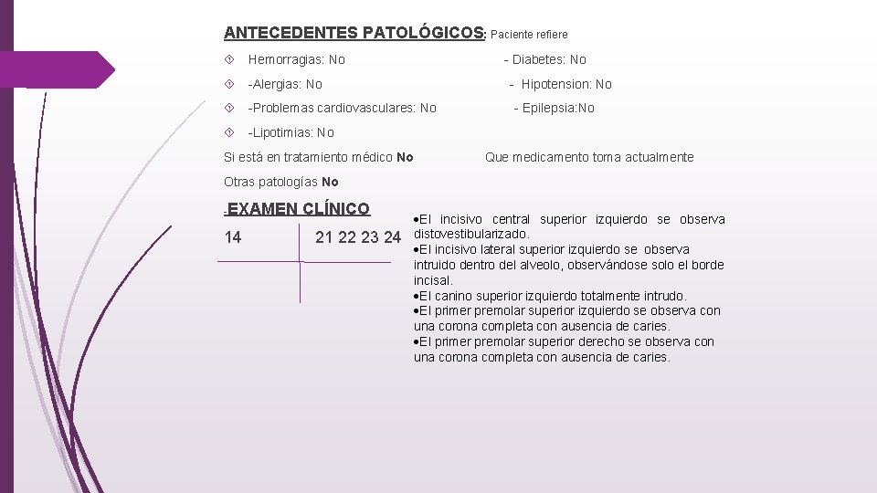 ANTECEDENTES PATOLÓGICOS: Paciente refiere Hemorragias: No - Diabetes: No -Alergias: No - Hipotension: No