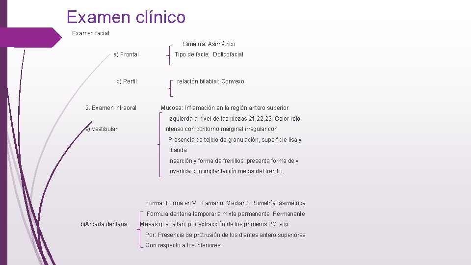 Examen clínico Examen facial: Simetría: Asimétrico a) Frontal Tipo de facie: Dolicofacial b) Perfil: