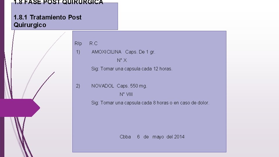 1. 8 FASE POST QUIRÚRGICA 1. 8. 1 Tratamiento Post Quirurgico R/p R. C