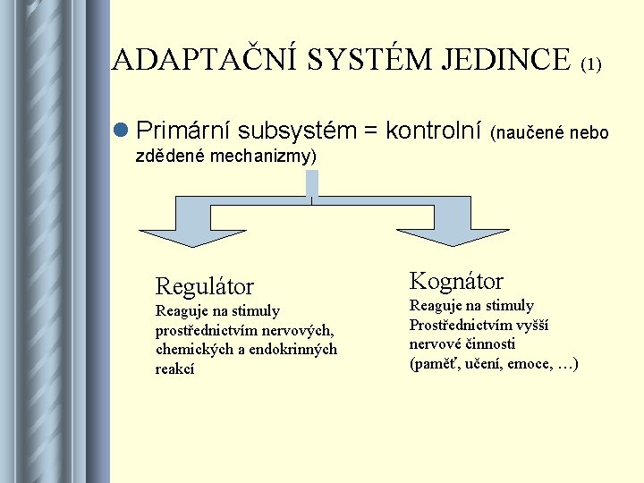 ADAPTAČNÍ SYSTÉM JEDINCE (1) l Primární subsystém = kontrolní (naučené nebo zdědené mechanizmy) Regulátor