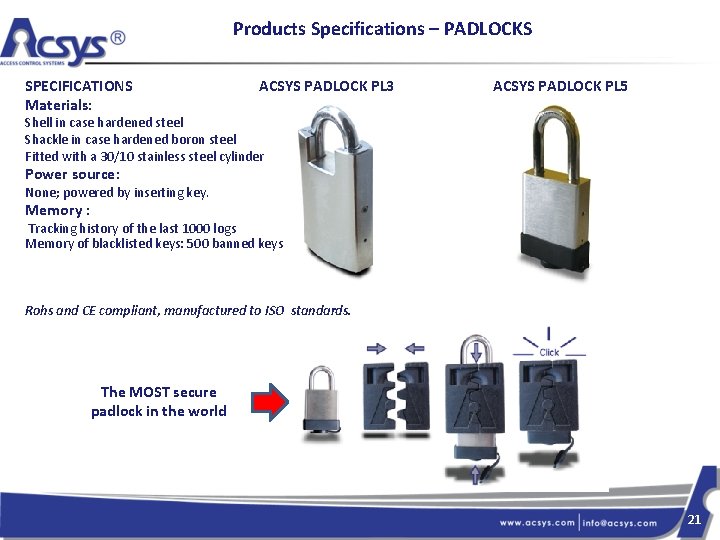 Products Specifications – PADLOCKS SPECIFICATIONS Materials: ACSYS PADLOCK PL 3 ACSYS PADLOCK PL 5