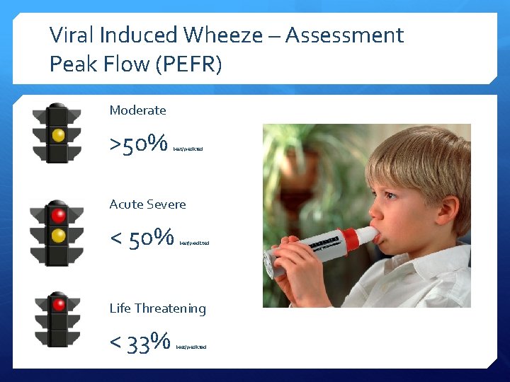 Viral Induced Wheeze – Assessment Peak Flow (PEFR) Moderate >50% best/predicted Acute Severe <