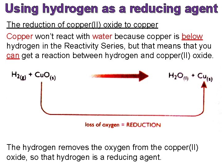 Using hydrogen as a reducing agent The reduction of copper(II) oxide to copper Copper