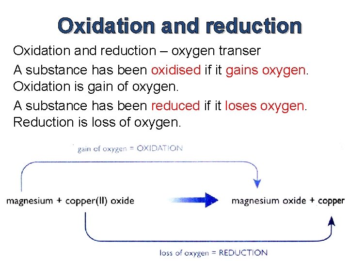 Oxidation and reduction – oxygen transer A substance has been oxidised if it gains