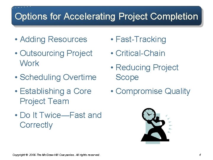 Options for Accelerating Project Completion • Adding Resources • Fast-Tracking • Outsourcing Project Work