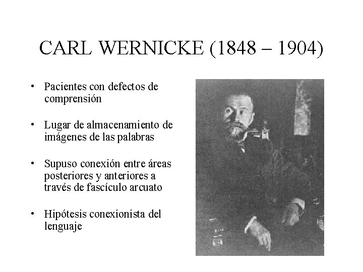 CARL WERNICKE (1848 – 1904) • Pacientes con defectos de comprensión • Lugar de