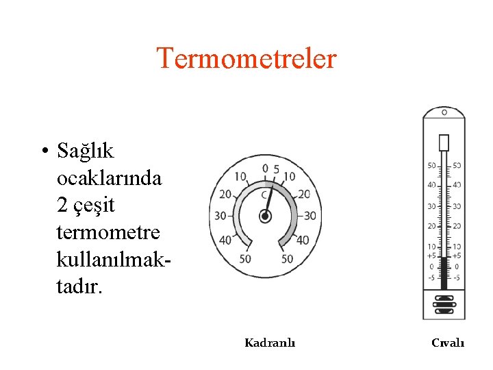 Termometreler • Sağlık ocaklarında 2 çeşit termometre kullanılmaktadır. Kadranlı Cıvalı 