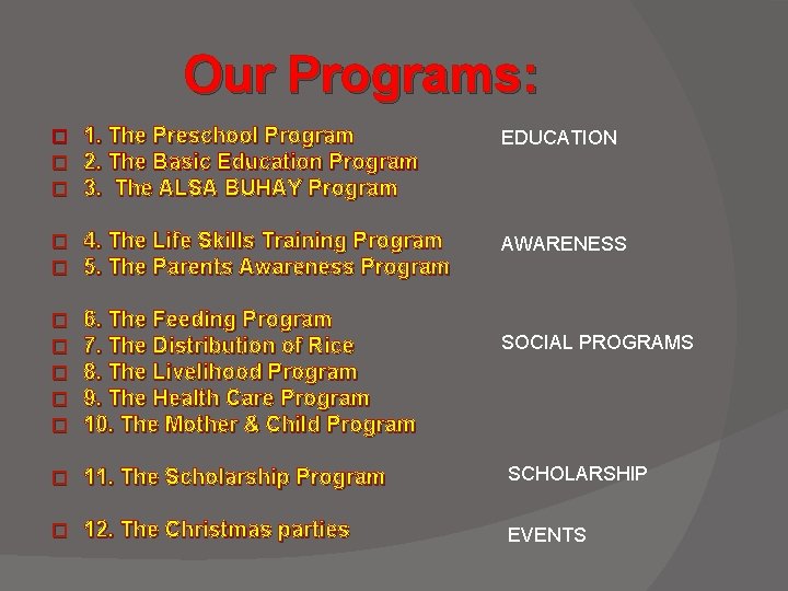 Our Programs: � � � 1. The Preschool Program 2. The Basic Education Program
