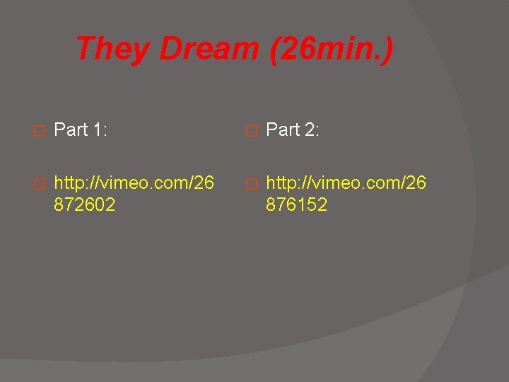 They Dream (26 min. ) � Part 1: � Part 2: � http: //vimeo.