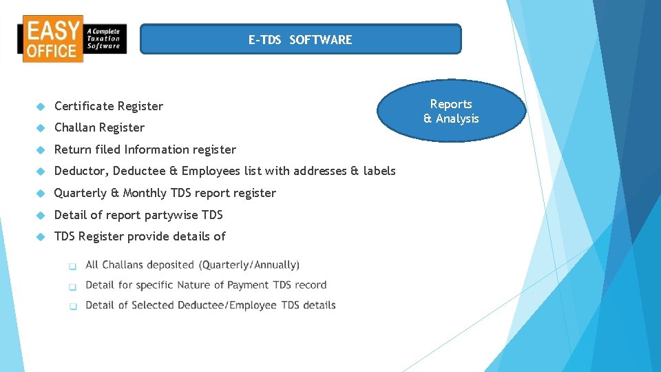 E-TDS SOFTWARE Certificate Register Challan Register Return filed Information register Deductor, Deductee & Employees