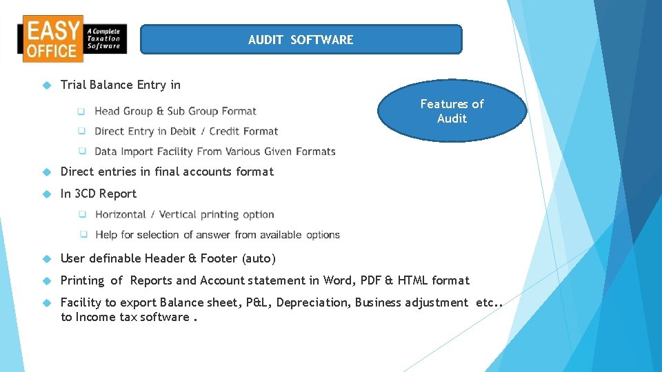 AUDIT SOFTWARE Trial Balance Entry in Features of Audit Direct entries in final accounts