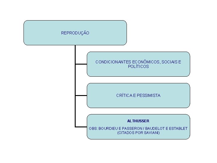 REPRODUÇÃO CONDICIONANTES ECONÔMICOS, SOCIAIS E POLÍTICOS CRÍTICA E PESSIMISTA ALTHUSSER OBS: BOURDIEU E PASSERON