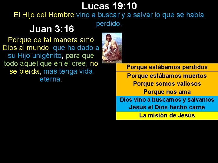 Lucas 19: 10 El Hijo del Hombre vino a buscar y a salvar lo