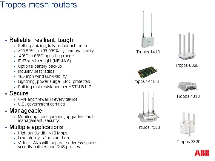 Tropos mesh routers § Reliable, resilient, tough § § § Tropos 6320 Tropos 1410 Tropos mesh routers § Reliable, resilient, tough § § § Tropos 6320 Tropos 1410