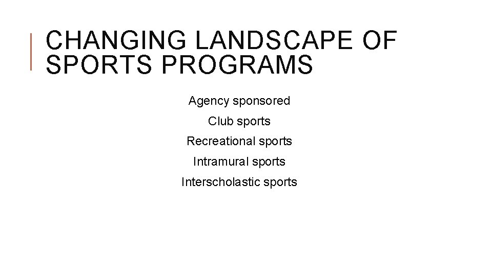 CHANGING LANDSCAPE OF SPORTS PROGRAMS Agency sponsored Club sports Recreational sports Intramural sports Interscholastic CHANGING LANDSCAPE OF SPORTS PROGRAMS Agency sponsored Club sports Recreational sports Intramural sports Interscholastic