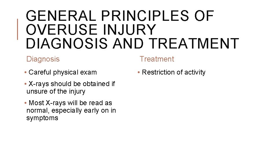 GENERAL PRINCIPLES OF OVERUSE INJURY DIAGNOSIS AND TREATMENT Diagnosis Treatment • Careful physical exam GENERAL PRINCIPLES OF OVERUSE INJURY DIAGNOSIS AND TREATMENT Diagnosis Treatment • Careful physical exam