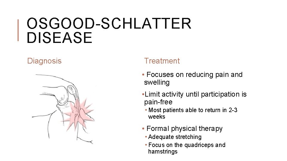 OSGOOD-SCHLATTER DISEASE Diagnosis Treatment • Focuses on reducing pain and swelling • Limit activity OSGOOD-SCHLATTER DISEASE Diagnosis Treatment • Focuses on reducing pain and swelling • Limit activity