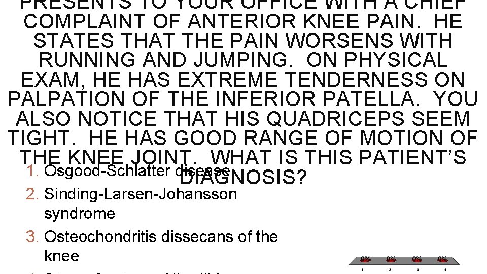 PRESENTS TO YOUR OFFICE WITH A CHIEF COMPLAINT OF ANTERIOR KNEE PAIN. HE STATES PRESENTS TO YOUR OFFICE WITH A CHIEF COMPLAINT OF ANTERIOR KNEE PAIN. HE STATES