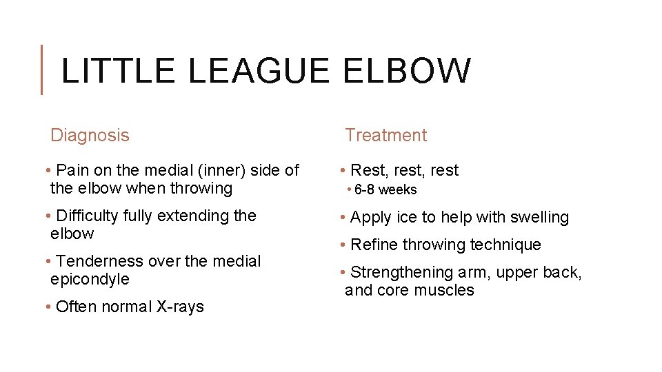 LITTLE LEAGUE ELBOW Diagnosis Treatment • Pain on the medial (inner) side of the LITTLE LEAGUE ELBOW Diagnosis Treatment • Pain on the medial (inner) side of the