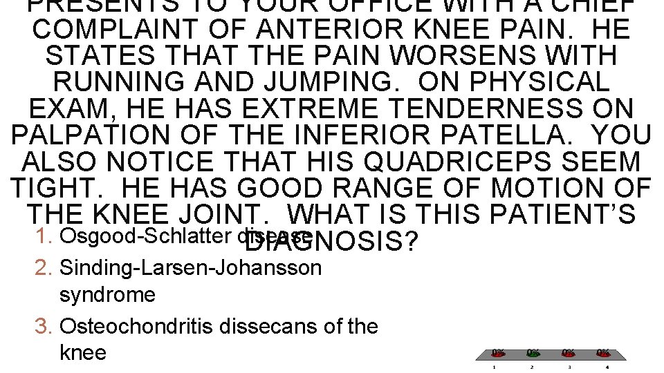 PRESENTS TO YOUR OFFICE WITH A CHIEF COMPLAINT OF ANTERIOR KNEE PAIN. HE STATES PRESENTS TO YOUR OFFICE WITH A CHIEF COMPLAINT OF ANTERIOR KNEE PAIN. HE STATES