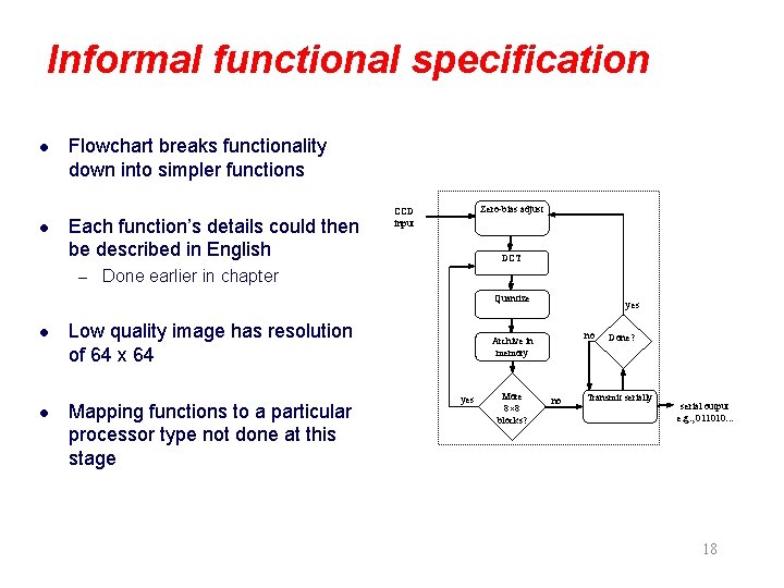 Informal functional specification l l Flowchart breaks functionality down into simpler functions Each function’s