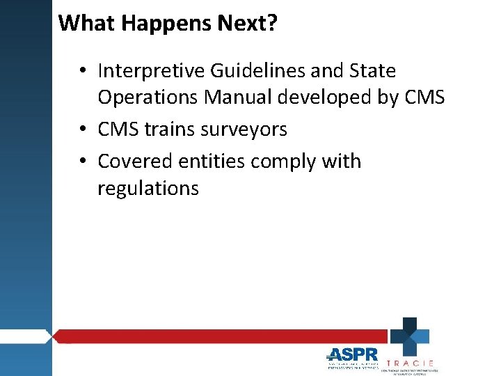What Happens Next? • Interpretive Guidelines and State Operations Manual developed by CMS •