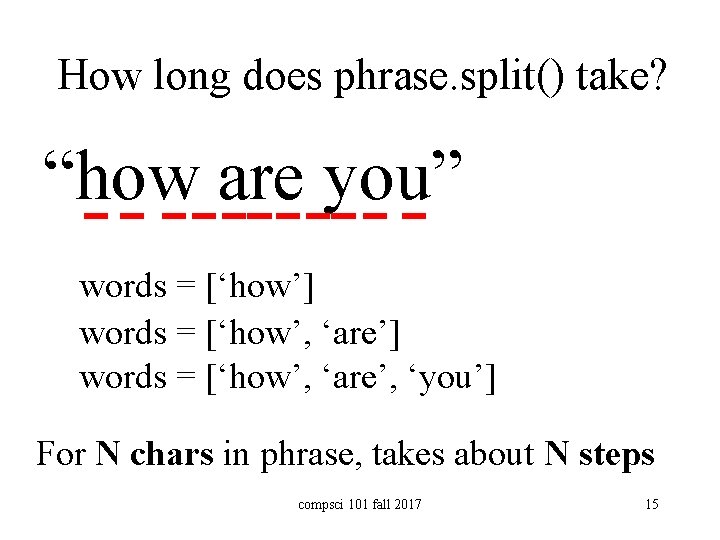 How long does phrase. split() take? “how are you” words = [‘how’] words =