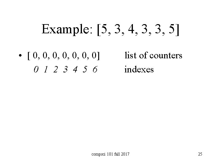Example: [5, 3, 4, 3, 3, 5] • [ 0, 0, 0, 0] list