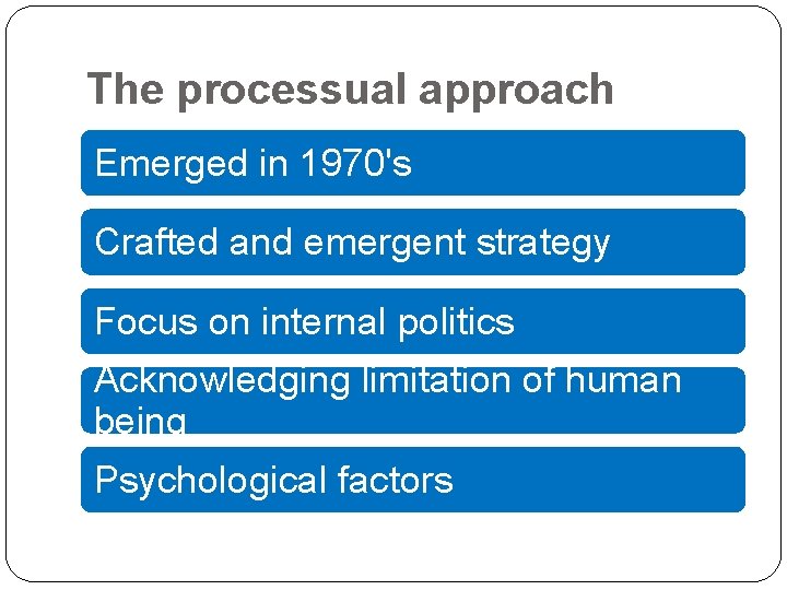 The processual approach Emerged in 1970's Crafted and emergent strategy Focus on internal politics The processual approach Emerged in 1970's Crafted and emergent strategy Focus on internal politics
