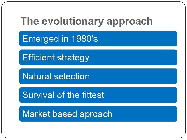 The evolutionary approach Emerged in 1980's Efficient strategy Natural selection Survival of the fittest The evolutionary approach Emerged in 1980's Efficient strategy Natural selection Survival of the fittest