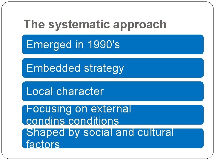 The systematic approach Emerged in 1990's Embedded strategy Local character Focusing on external condins The systematic approach Emerged in 1990's Embedded strategy Local character Focusing on external condins
