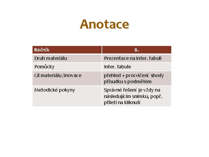 Anotace Ročník 8. Druh materiálu Prezentace na inter. tabuli Pomůcky Inter. tabule Cíl materiálu