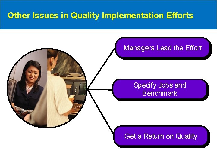 Other Issues in Quality Implementation Efforts Managers Lead the Effort Specify Jobs and Benchmark