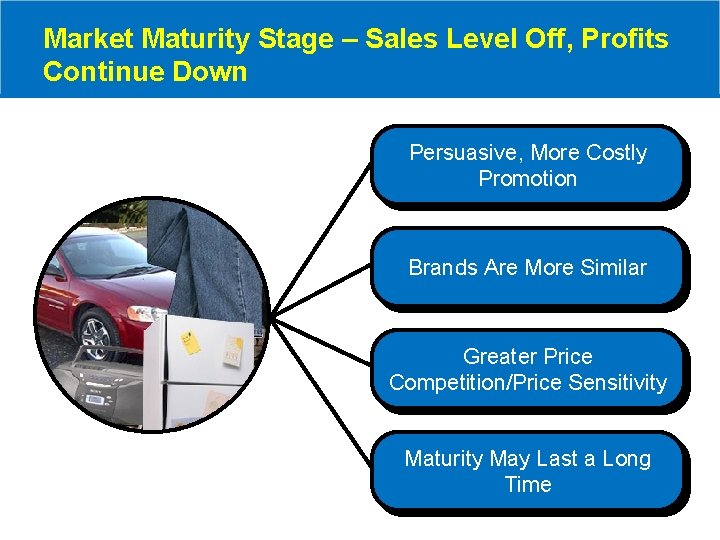 Market Maturity Stage – Sales Level Off, Profits Continue Down Persuasive, More Costly Promotion