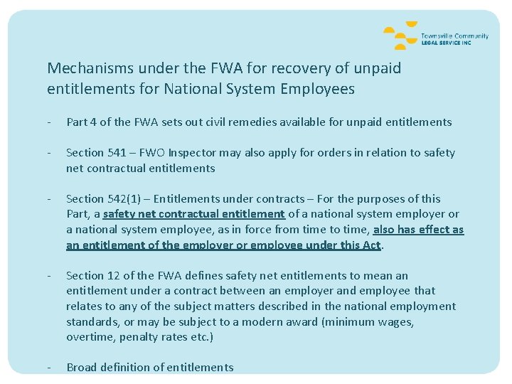 Mechanisms under the FWA for recovery of unpaid entitlements for National System Employees -