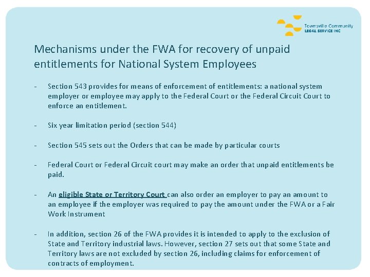 Mechanisms under the FWA for recovery of unpaid entitlements for National System Employees -