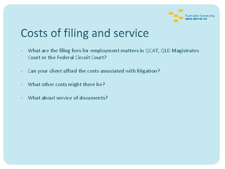 Costs of filing and service - What are the filing fees for employment matters