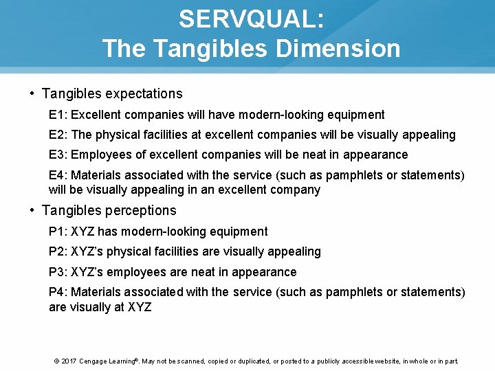 SERVQUAL: The Tangibles Dimension • Tangibles expectations E 1: Excellent companies will have modern-looking SERVQUAL: The Tangibles Dimension • Tangibles expectations E 1: Excellent companies will have modern-looking