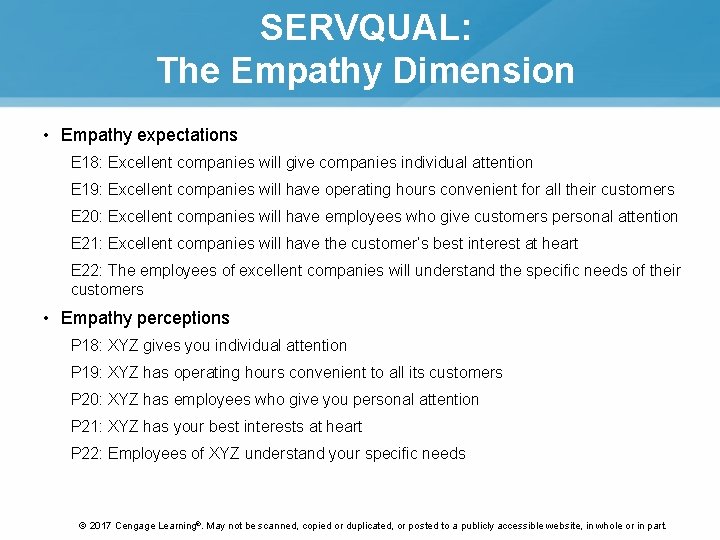 SERVQUAL: The Empathy Dimension • Empathy expectations E 18: Excellent companies will give companies SERVQUAL: The Empathy Dimension • Empathy expectations E 18: Excellent companies will give companies