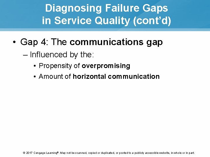 Diagnosing Failure Gaps in Service Quality (cont’d) • Gap 4: The communications gap – Diagnosing Failure Gaps in Service Quality (cont’d) • Gap 4: The communications gap –