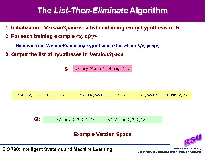 The List-Then-Eliminate Algorithm 1. Initialization: Version. Space a list containing every hypothesis in H