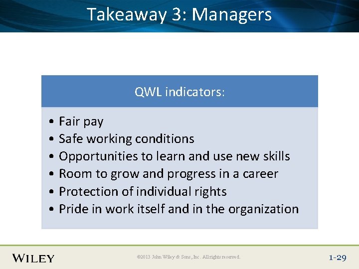 3: Managers Place Slide. Takeaway Title Text Here QWL indicators: • Fair pay •