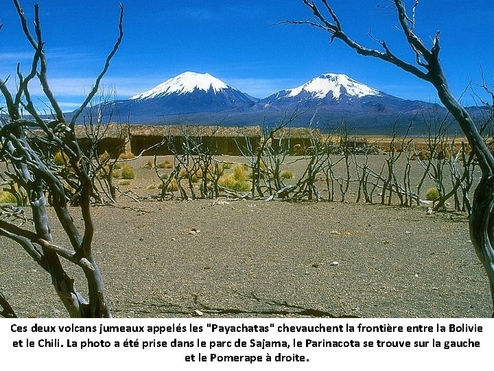 Ces deux volcans jumeaux appelés les "Payachatas" chevauchent la frontière entre la Bolivie et