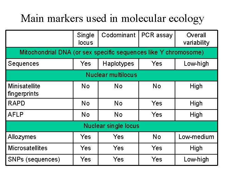 Main markers used in molecular ecology Single locus Codominant PCR assay Overall variability Mitochondrial