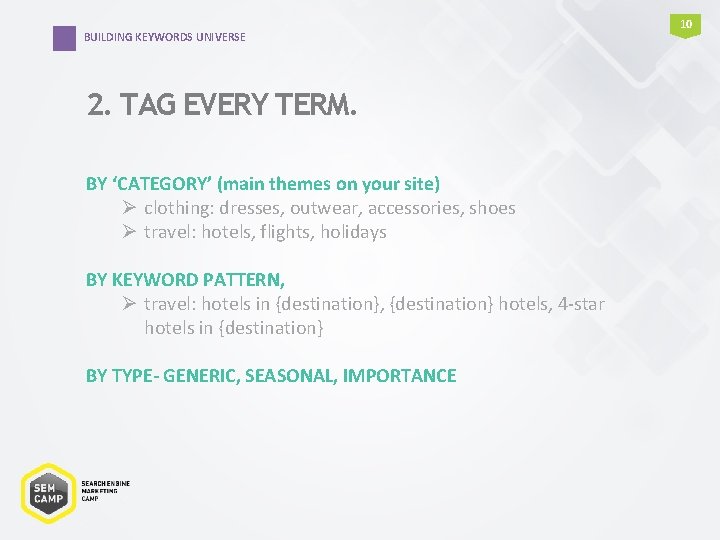 BUILDING KEYWORDS UNIVERSE 2. TAG EVERY TERM. BY ‘CATEGORY’ (main themes on your site) BUILDING KEYWORDS UNIVERSE 2. TAG EVERY TERM. BY ‘CATEGORY’ (main themes on your site)