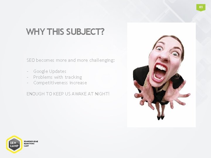 03 WHY THIS SUBJECT? SEO becomes more and more challenging: - Google Updates - 03 WHY THIS SUBJECT? SEO becomes more and more challenging: - Google Updates -