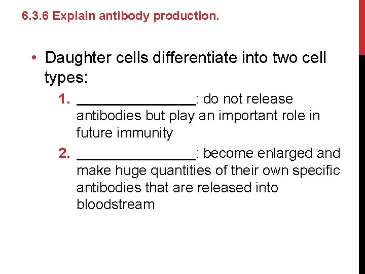 6. 3. 6 Explain antibody production. • Daughter cells differentiate into two cell types: