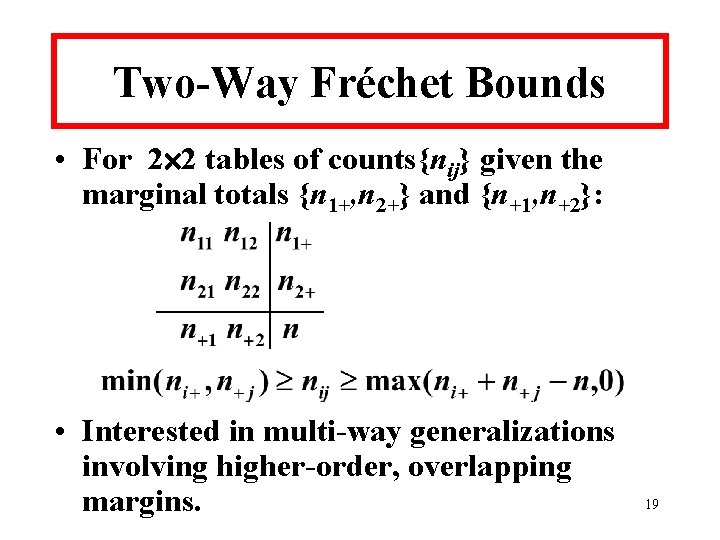 Two-Way Fréchet Bounds • For 2 2 tables of counts{nij} given the marginal totals