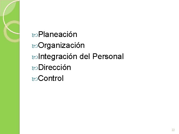  Planeación Organización Integración del Personal Dirección Control 22 